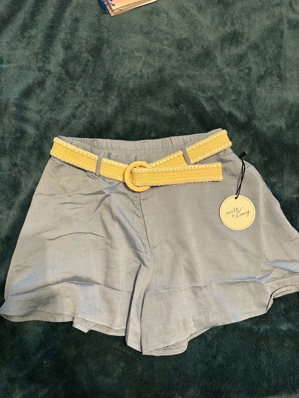 High-Waist Light Bkue Shorts with Cream Woven Belt